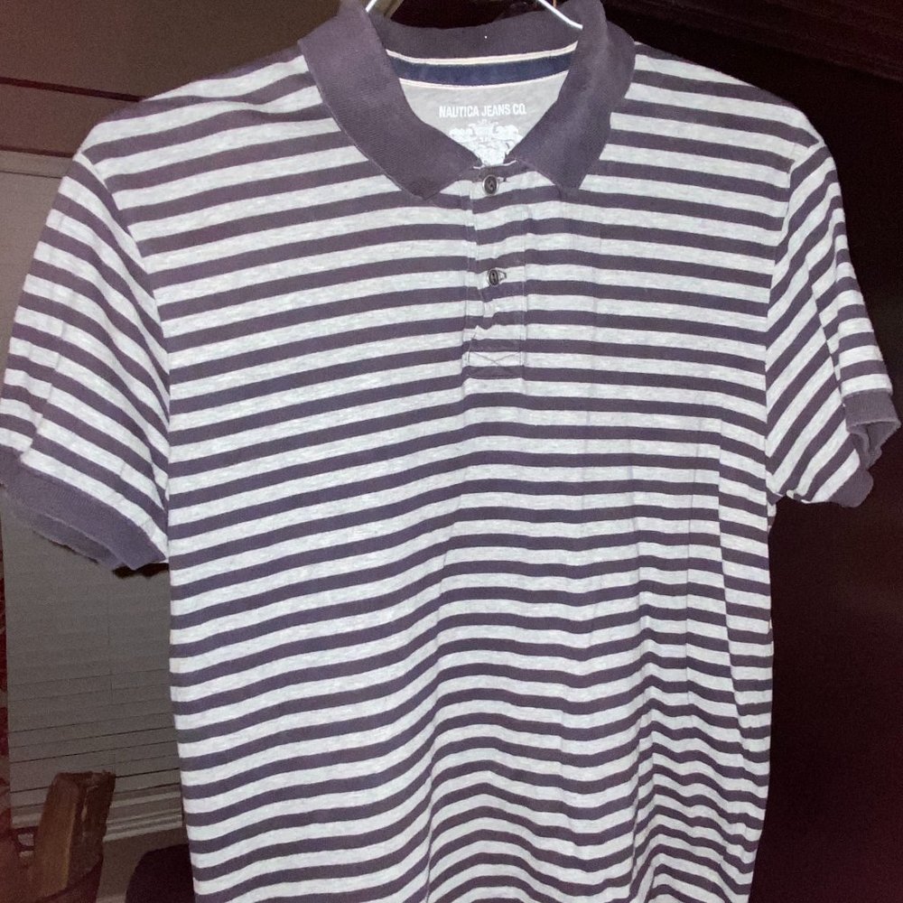 Large gray / navy blue striped Nautica Jeans Co Polo